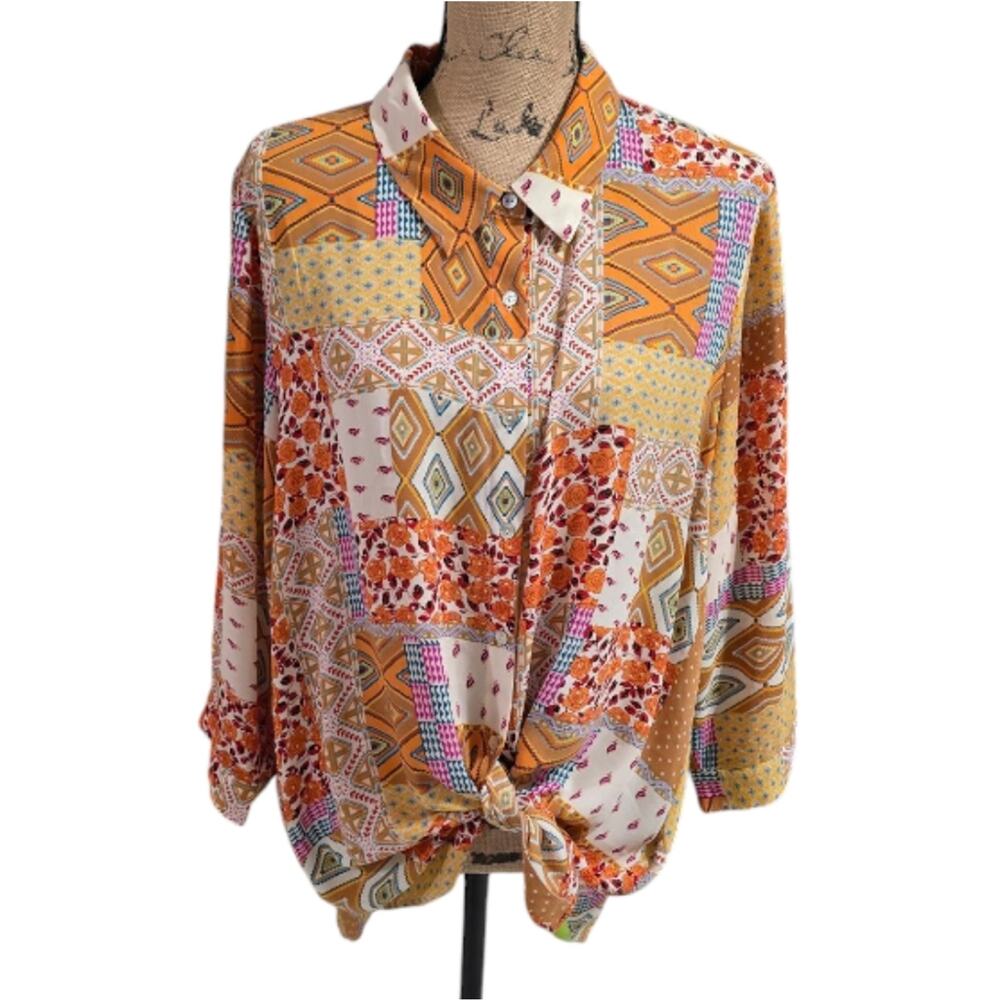 Rose & Olive Orange‎ Yellow Colorful Patchwork Women's Top Plus Size 2X